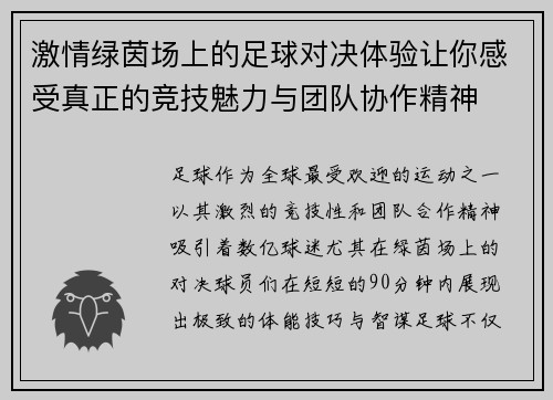 激情绿茵场上的足球对决体验让你感受真正的竞技魅力与团队协作精神